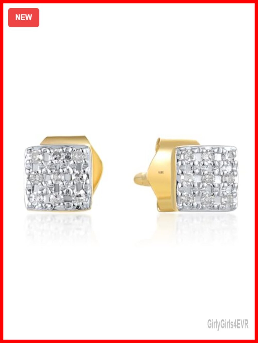10K Yellow Solid Gold Genuine Diamond Square Stud Earrings Push Back